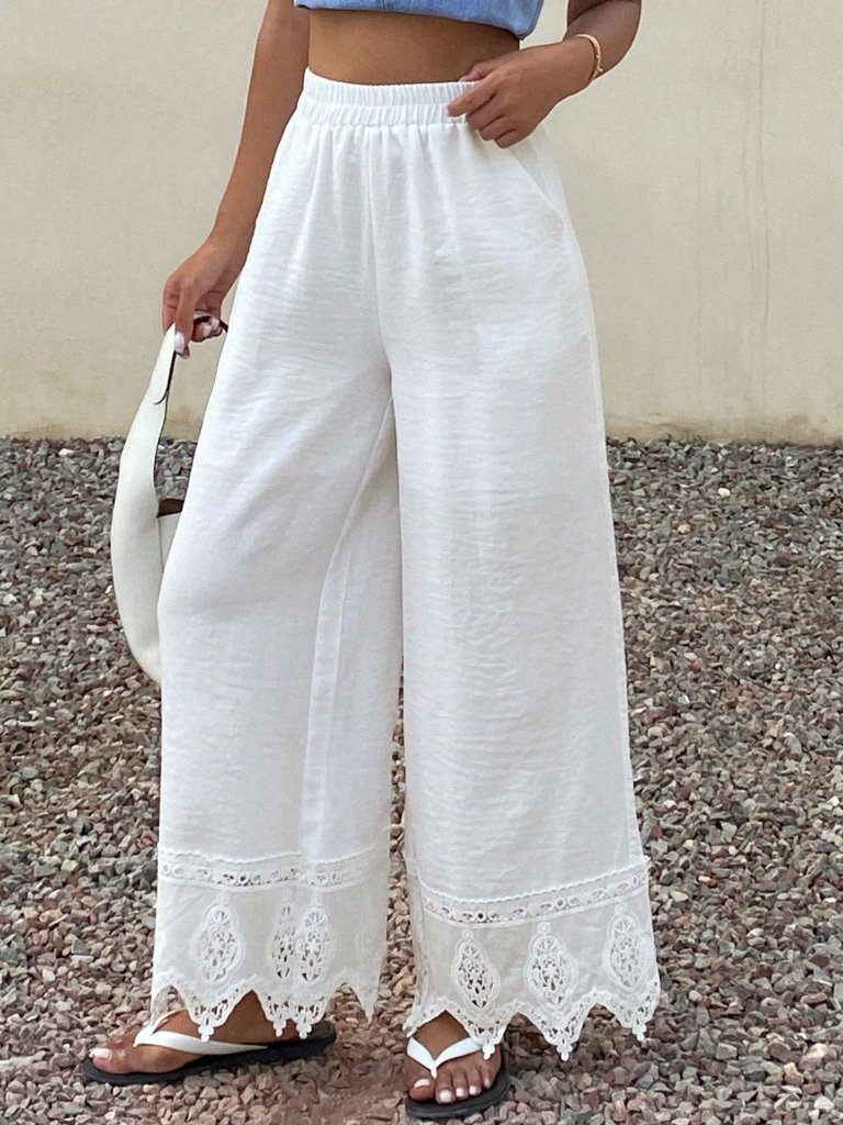 Beige Casual Women's Elastic Waist Contrast Lace Wide Leg Pants